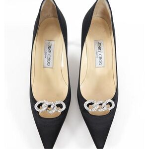 Jimmy Choo Black Satin Heels with Silver Crystal Embellishments in Dust Bag w Bo
